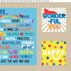 Panel fabric measurement guide showing right side layout and dimensions for positive affirmation kids quilt