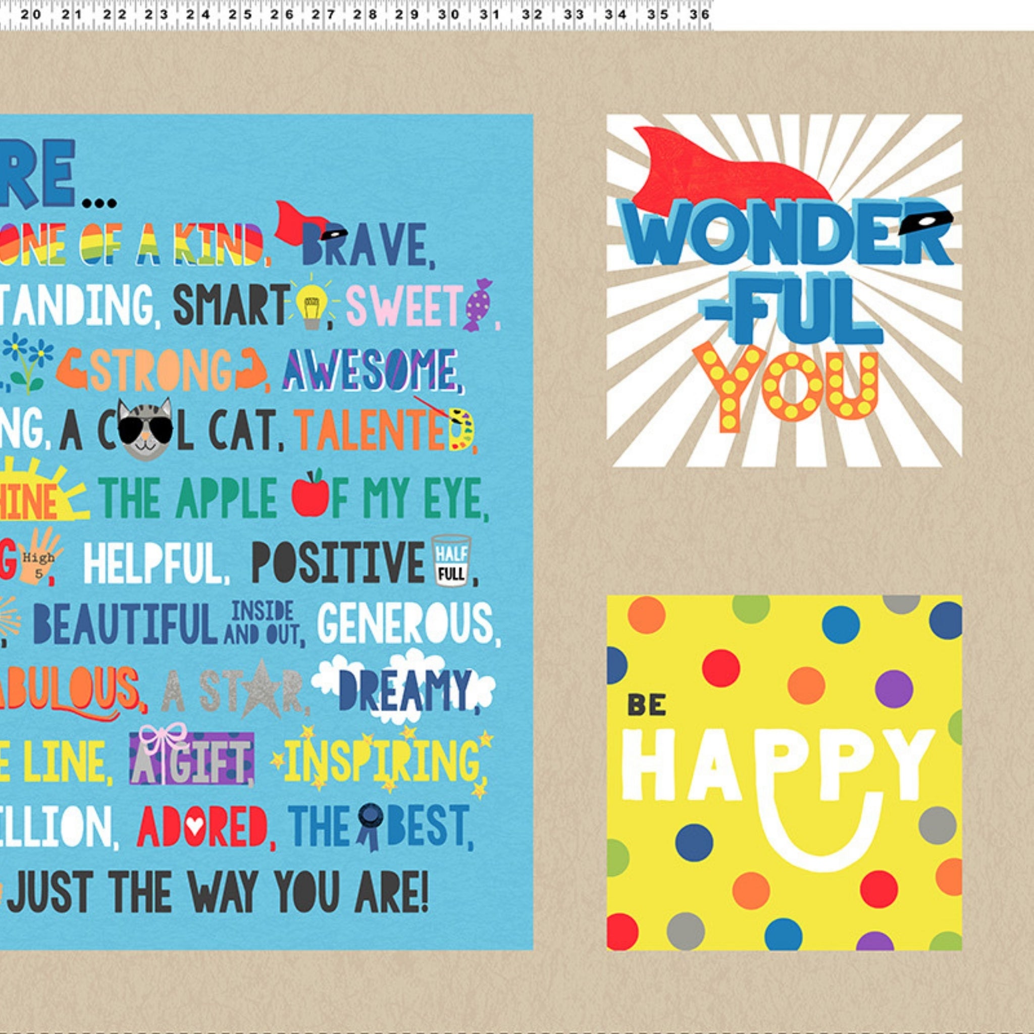 Panel fabric measurement guide showing right side layout and dimensions for positive affirmation kids quilt