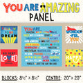 Positive affirmation panel fabric with colourful blocks and encouraging words for kids quilts