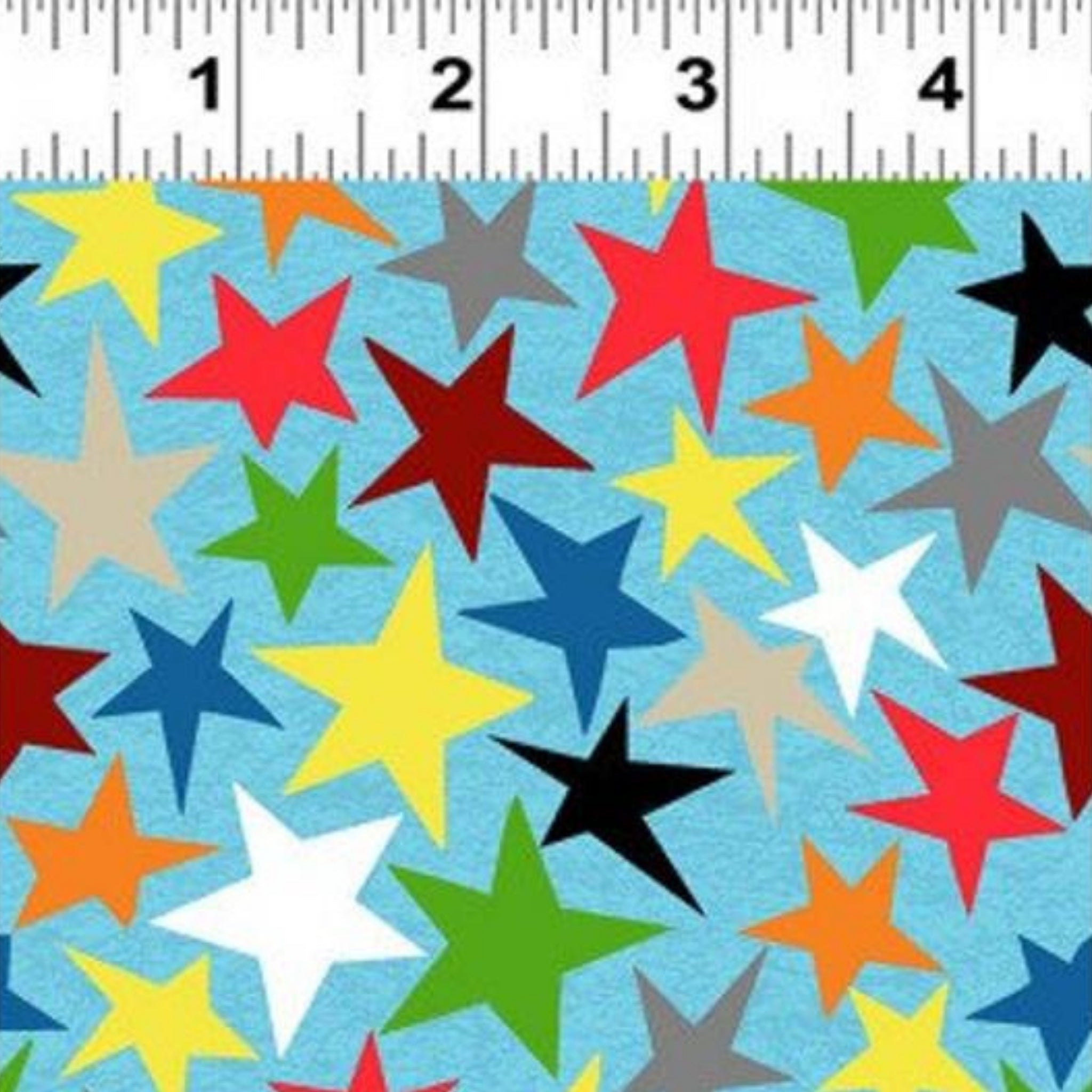 Blue star fabric with multicolour rainbow stars for kids quilts and patchwork