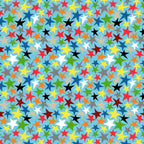 Blue star fabric with multicolour rainbow stars for kids quilts and patchwork