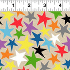 Taupe star fabric with multicolour rainbow stars for kids quilts and patchwork