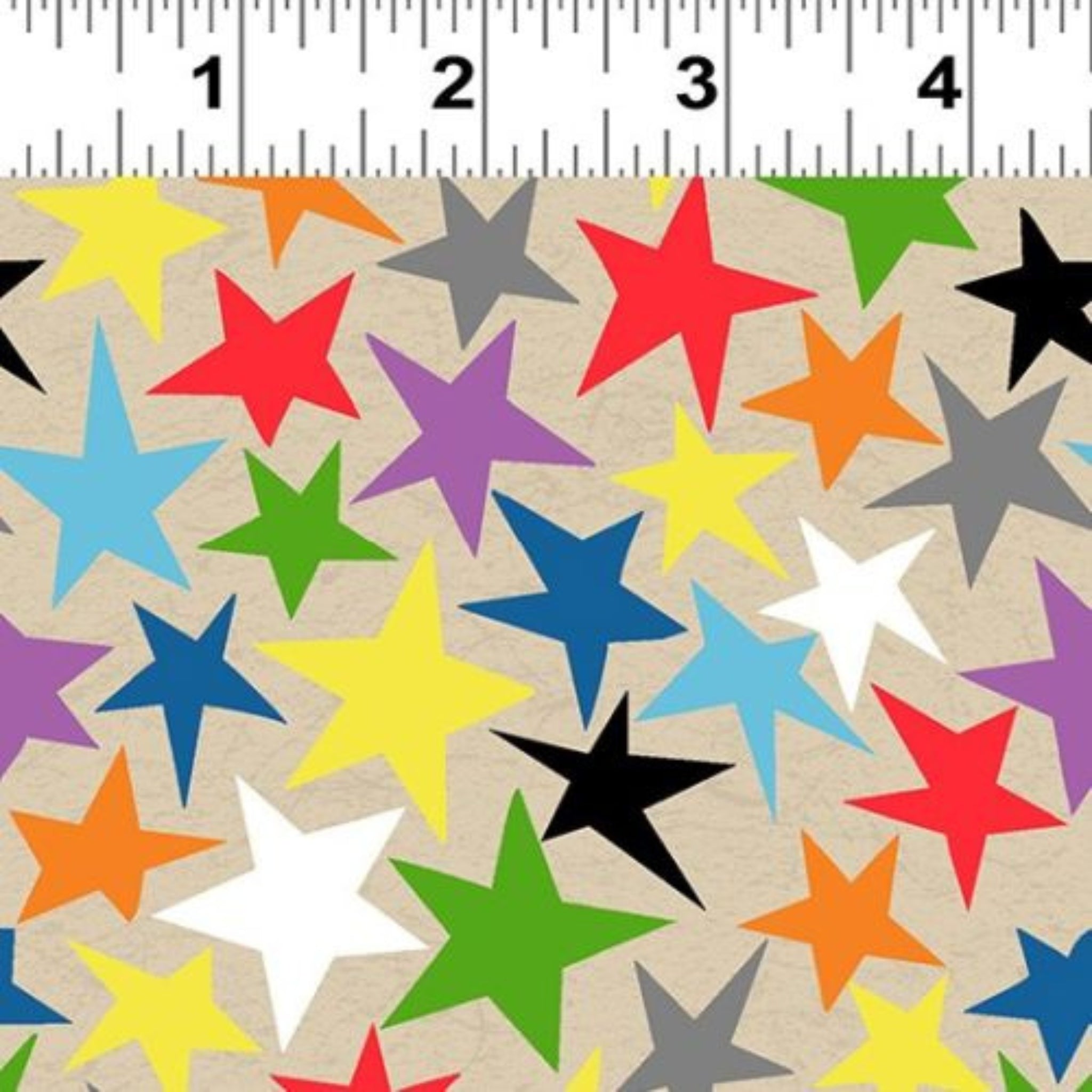 Taupe star fabric with multicolour rainbow stars for kids quilts and patchwork