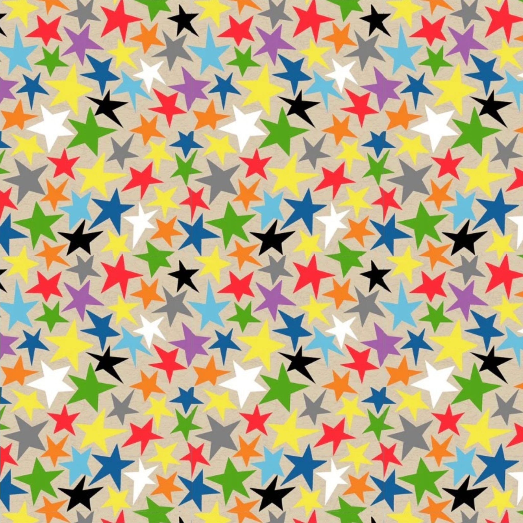 Taupe star fabric with multicolour rainbow stars for kids quilts and patchwork