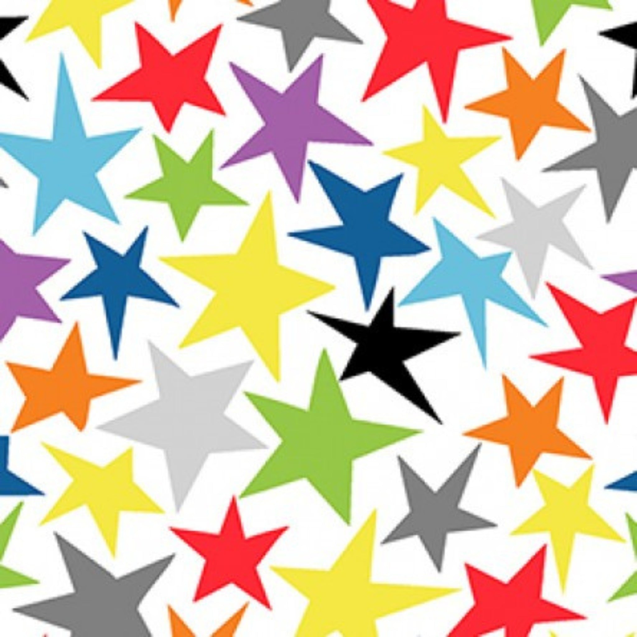 White star fabric with multicolour rainbow stars for kids quilts and patchwork