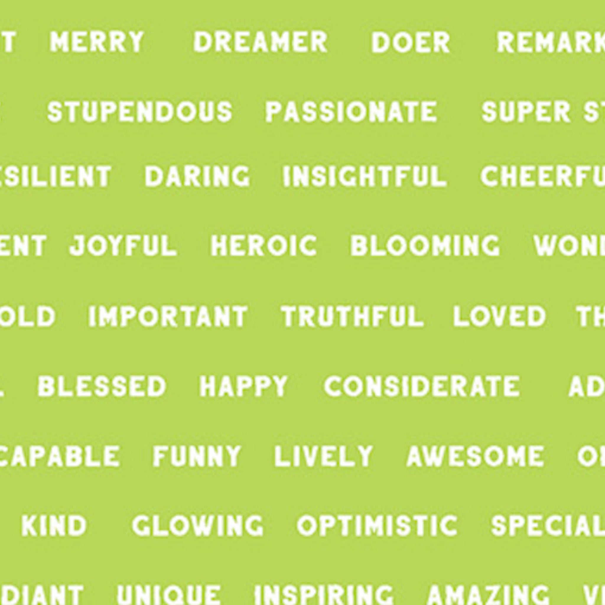Green positive words fabric with encouraging affirmations for children's quilts