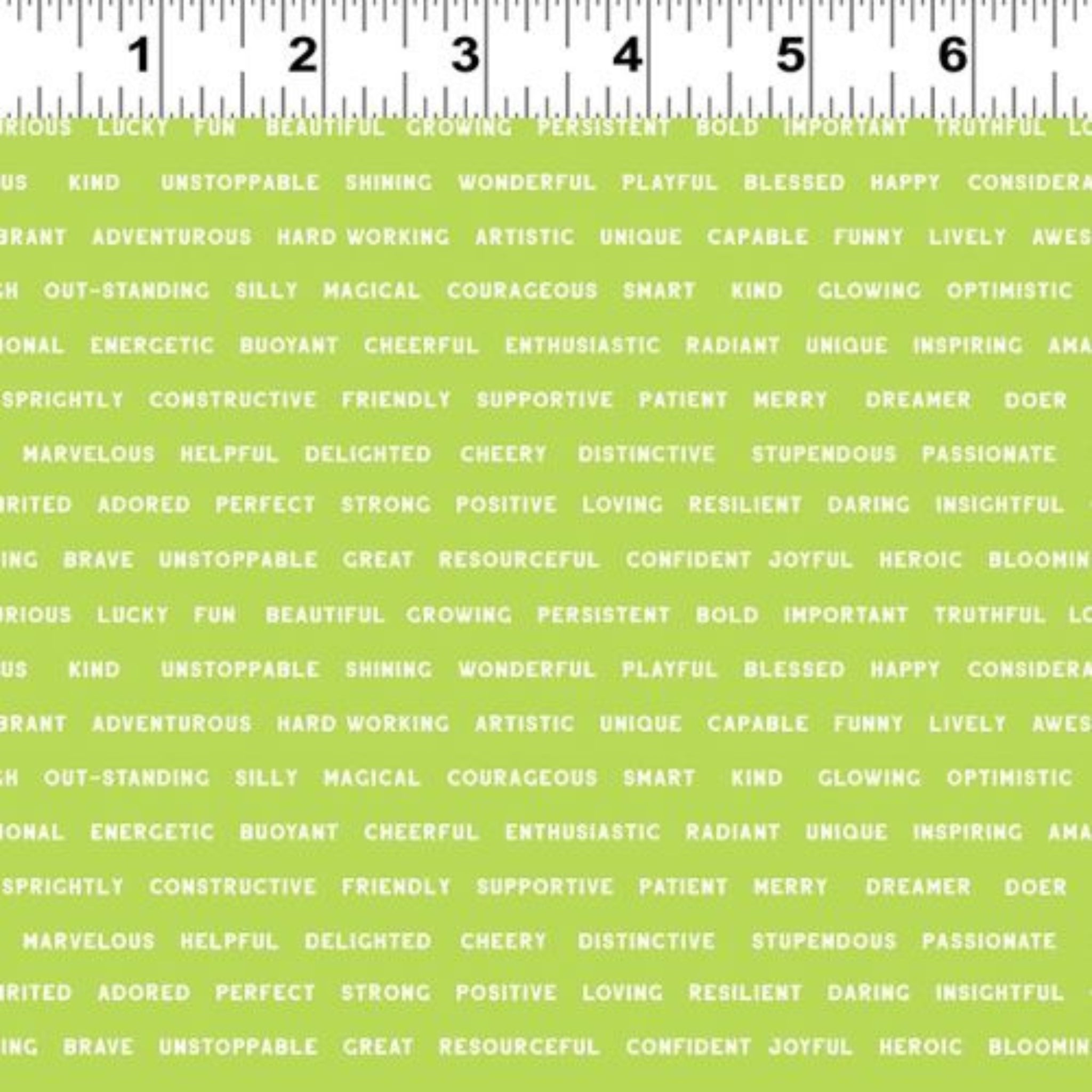 Green positive words fabric with encouraging affirmations for children's quilts