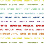 Rainbow positive words on white fabric with encouraging affirmations for children's quilts