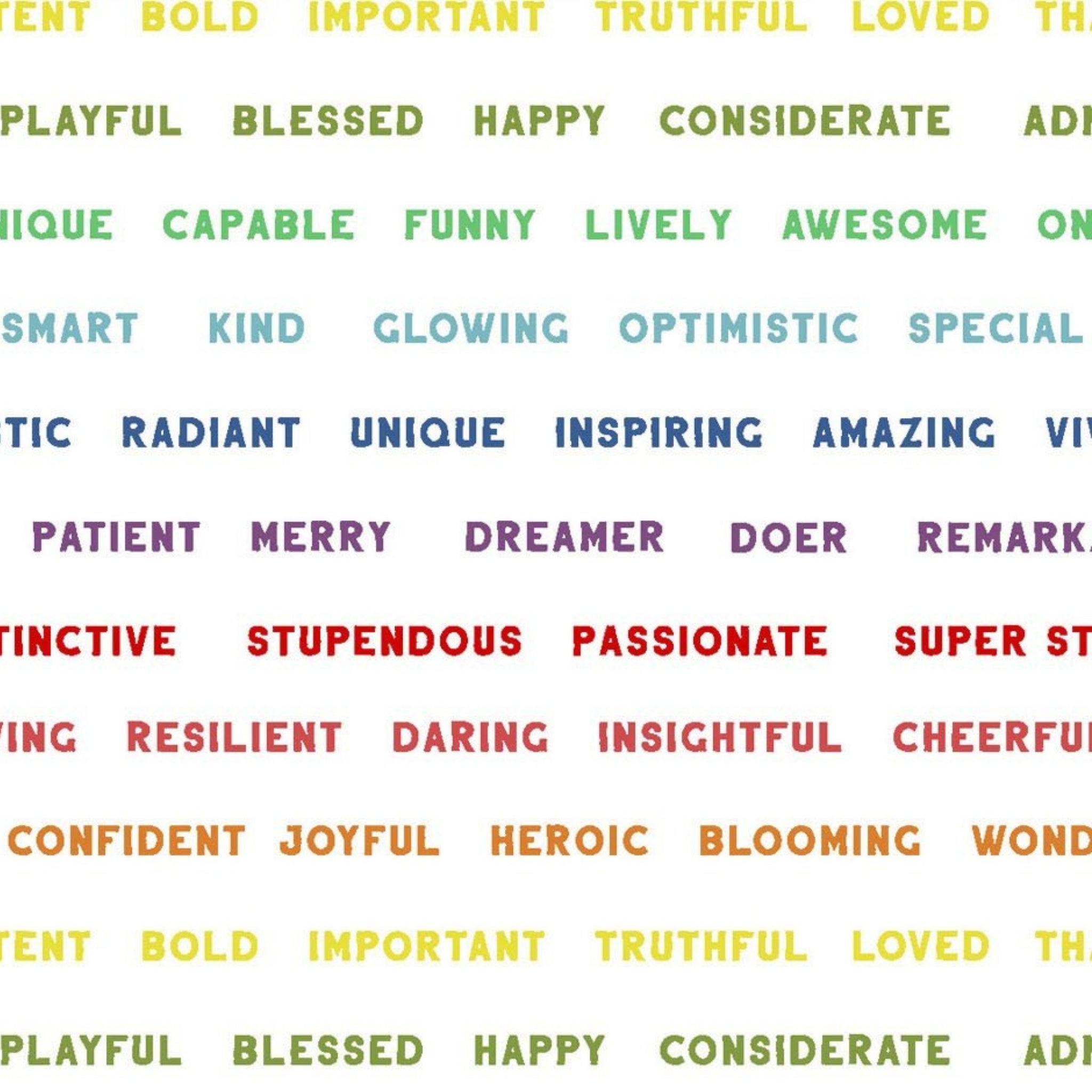 Rainbow positive words on white fabric with encouraging affirmations for children's quilts