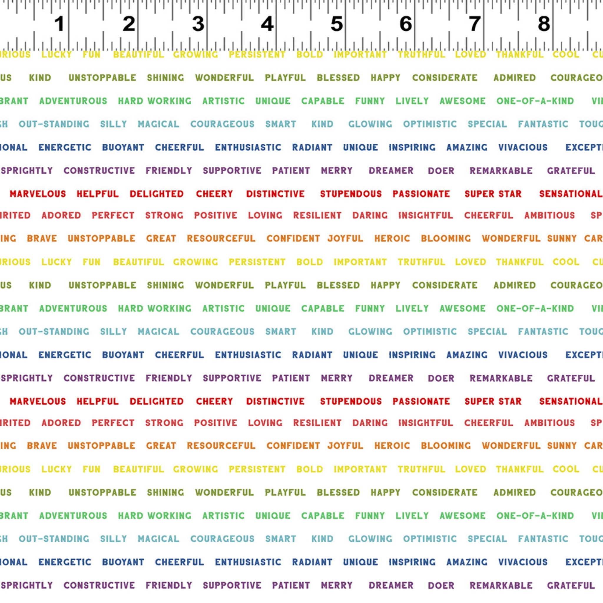 Rainbow positive words on white fabric with encouraging affirmations for children's quilts