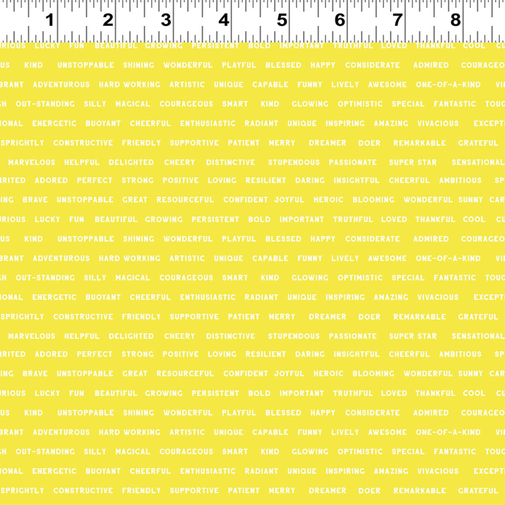 Yellow positive words fabric with encouraging affirmations for children's quilts