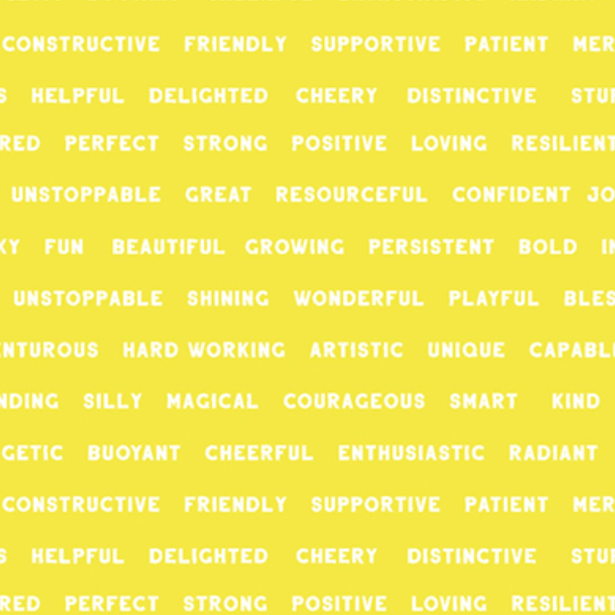 Yellow quilting cotton with colourful motivational phrases and affirmations