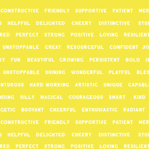 Yellow quilting cotton with colourful motivational phrases and affirmations