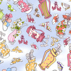 Retro novelty tossed golf bags high heels shoes and clubs multi-colour sky blue fabric for golf quilts bags cushions and golfer gifts Loralie Harris Designs