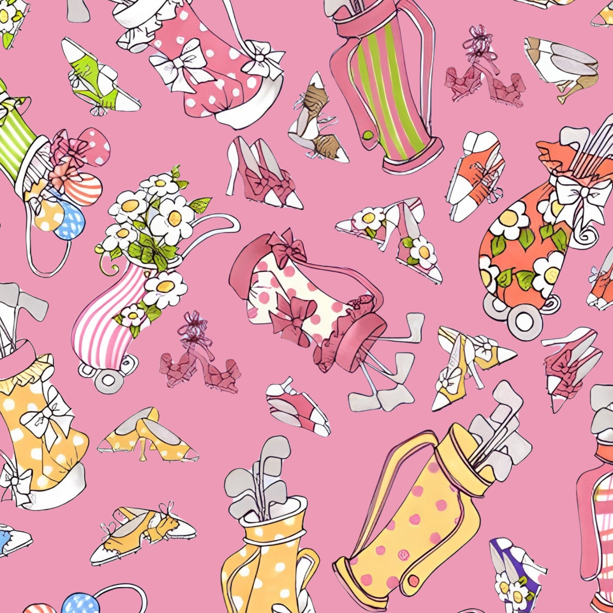 Retro novelty tossed golf bags high heels shoes and clubs multi-colour sugar pink fabric for golf quilts bags cushions and golfer gifts Loralie Harris Designs