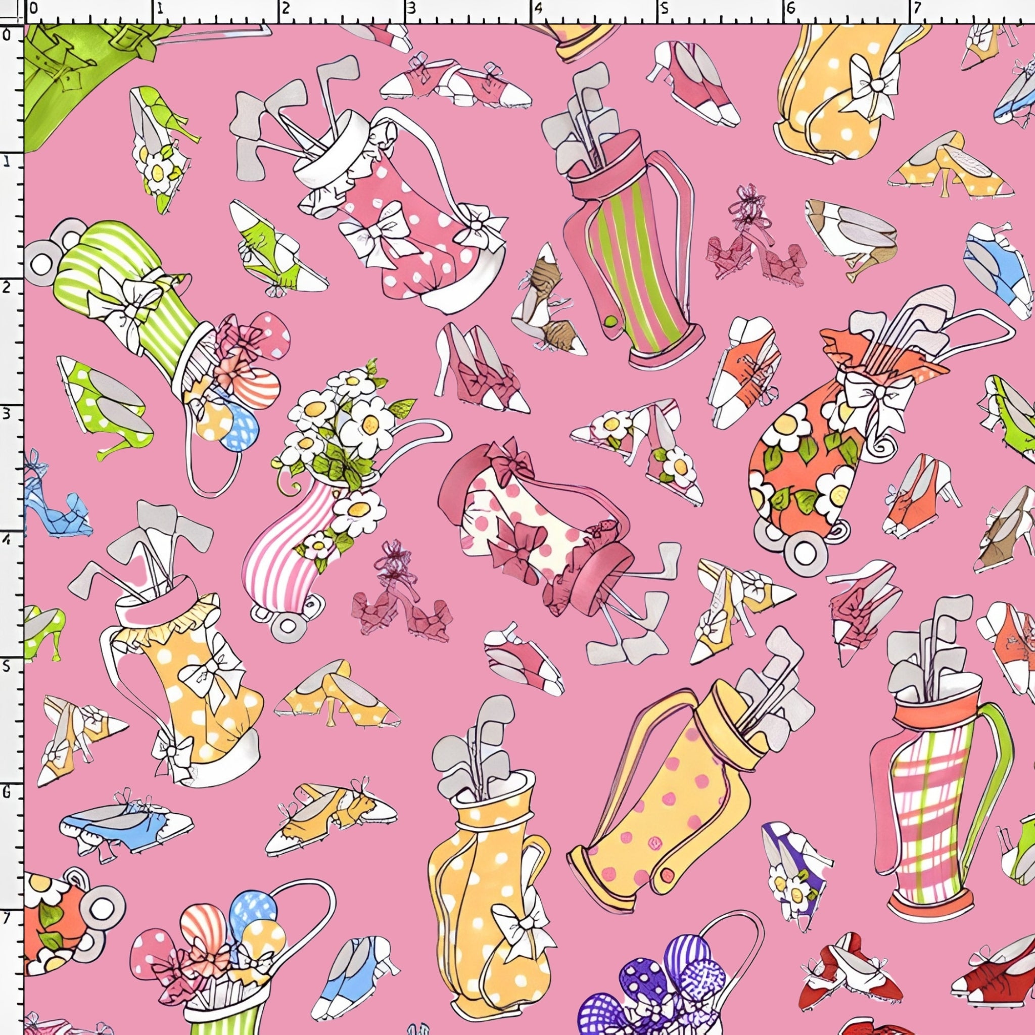 Retro novelty tossed golf bags high heels shoes and clubs multi-colour sugar pink fabric for golf quilts bags cushions and golfer gifts Loralie Harris Designs
