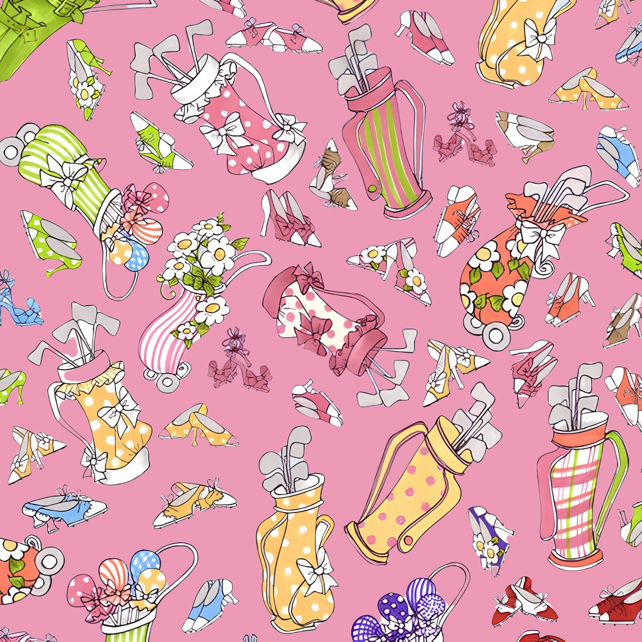 Retro novelty tossed golf bags high heels shoes and clubs multi-colour sugar pink fabric for golf quilts bags cushions and golfer gifts Loralie Harris Designs