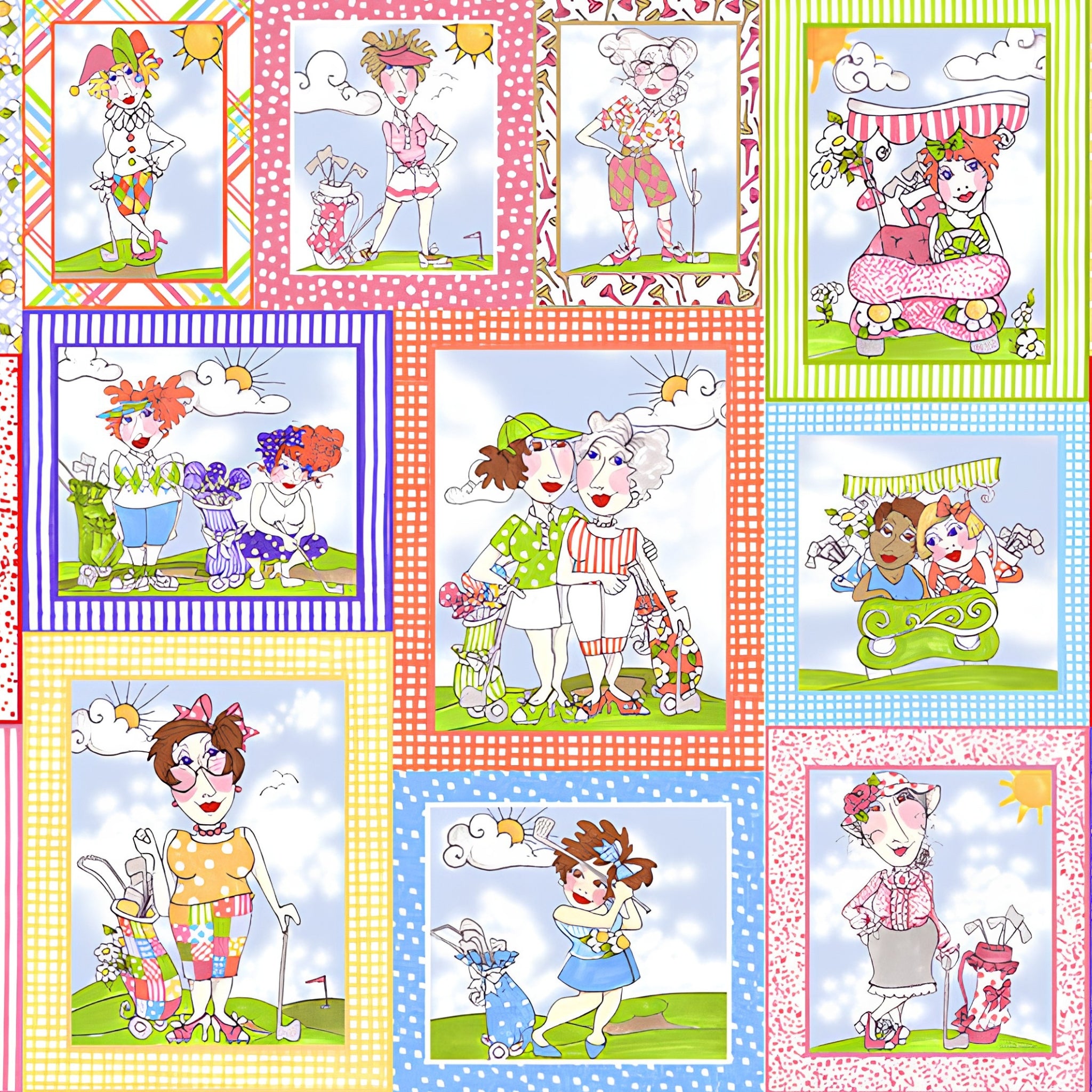 Retro novelty golf ladies panel 16 sassy golfer girl squares colourful borders multi-colour fabric for golf quilts wall hangings and golfer gifts Loralie Harris Designs
