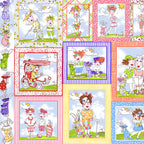 Retro novelty golf ladies panel 16 sassy golfer girl squares colourful borders multi-colour fabric for golf quilts wall hangings and golfer gifts Loralie Harris Designs