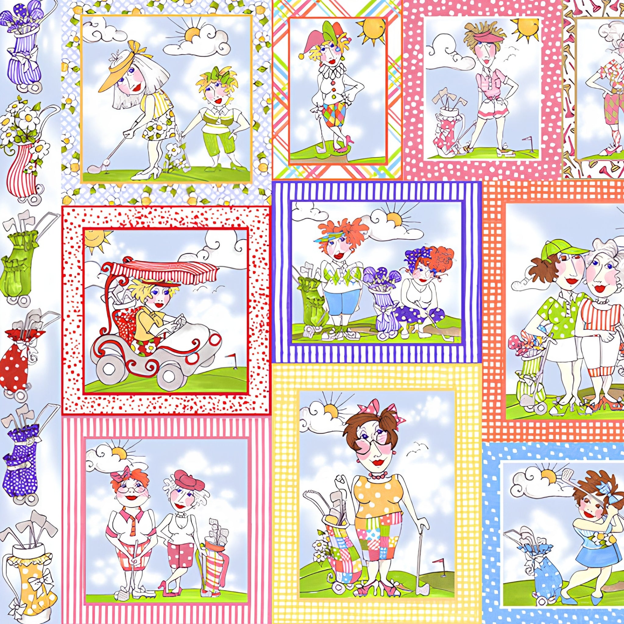 Retro novelty golf ladies panel 16 sassy golfer girl squares colourful borders multi-colour fabric for golf quilts wall hangings and golfer gifts Loralie Harris Designs
