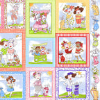 Retro novelty golf ladies panel 16 sassy golfer girl squares colourful borders multi-colour fabric for golf quilts wall hangings and golfer gifts Loralie Harris Designs
