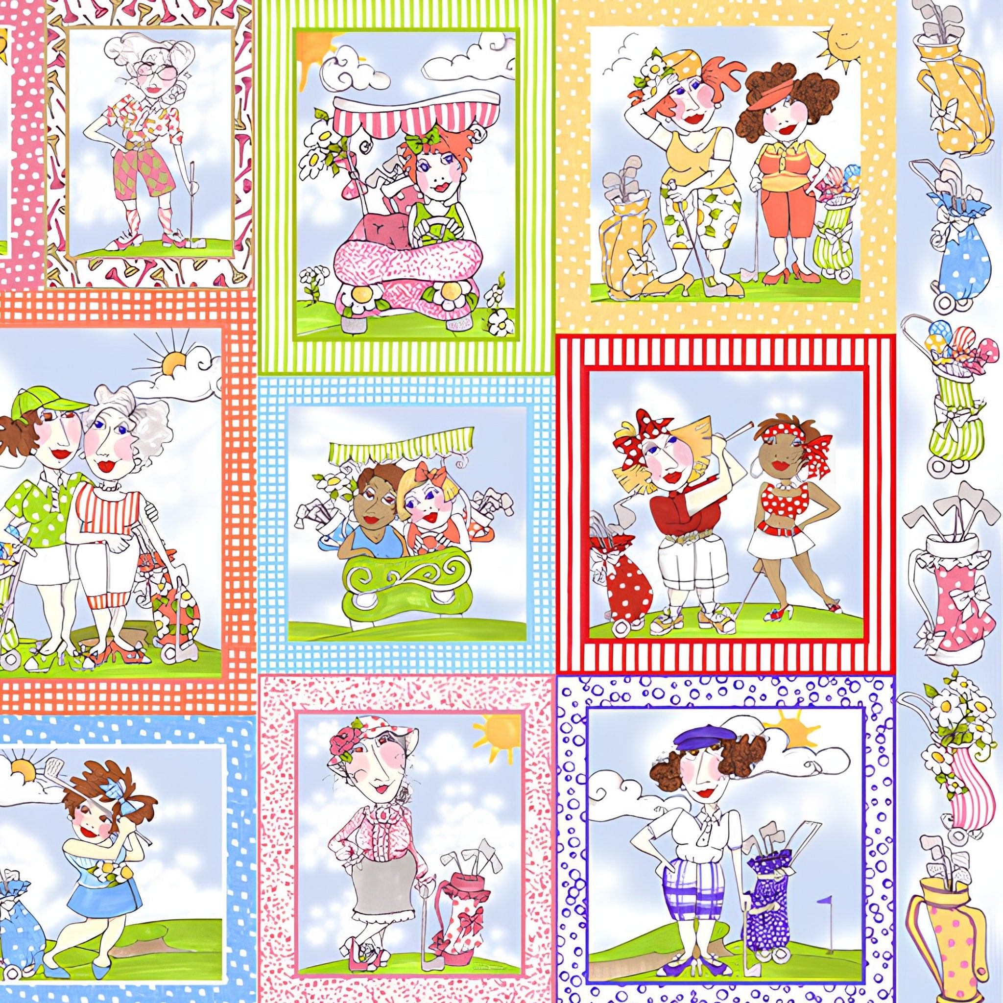 Retro novelty golf ladies panel 16 sassy golfer girl squares colourful borders multi-colour fabric for golf quilts wall hangings and golfer gifts Loralie Harris Designs