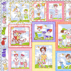 Retro novelty golf ladies panel 16 sassy golfer girl squares colourful borders multi-colour fabric for golf quilts wall hangings and golfer gifts Loralie Harris Designs