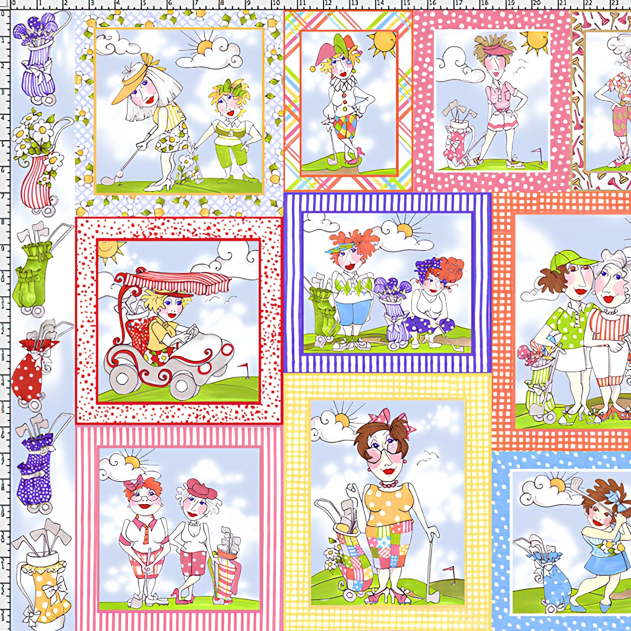 Retro novelty golf ladies panel 16 sassy golfer girl squares colourful borders multi-colour fabric for golf quilts wall hangings and golfer gifts Loralie Harris Designs