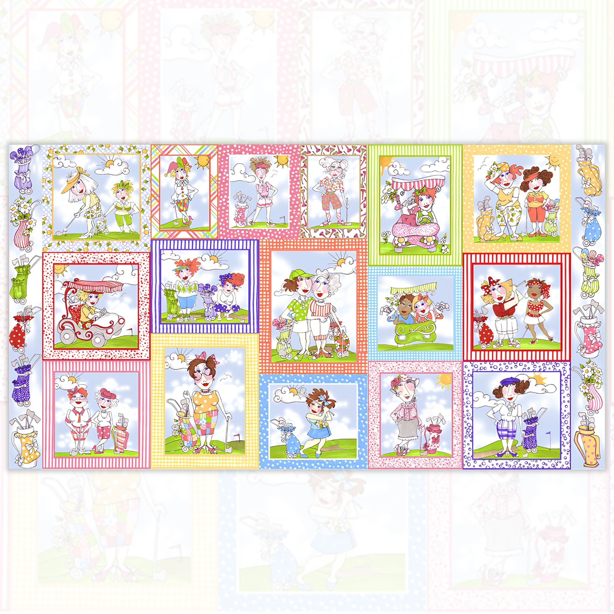 Retro novelty golf ladies panel 16 sassy golfer girl squares colourful borders multi-colour fabric for golf quilts wall hangings and golfer gifts Loralie Harris Designs