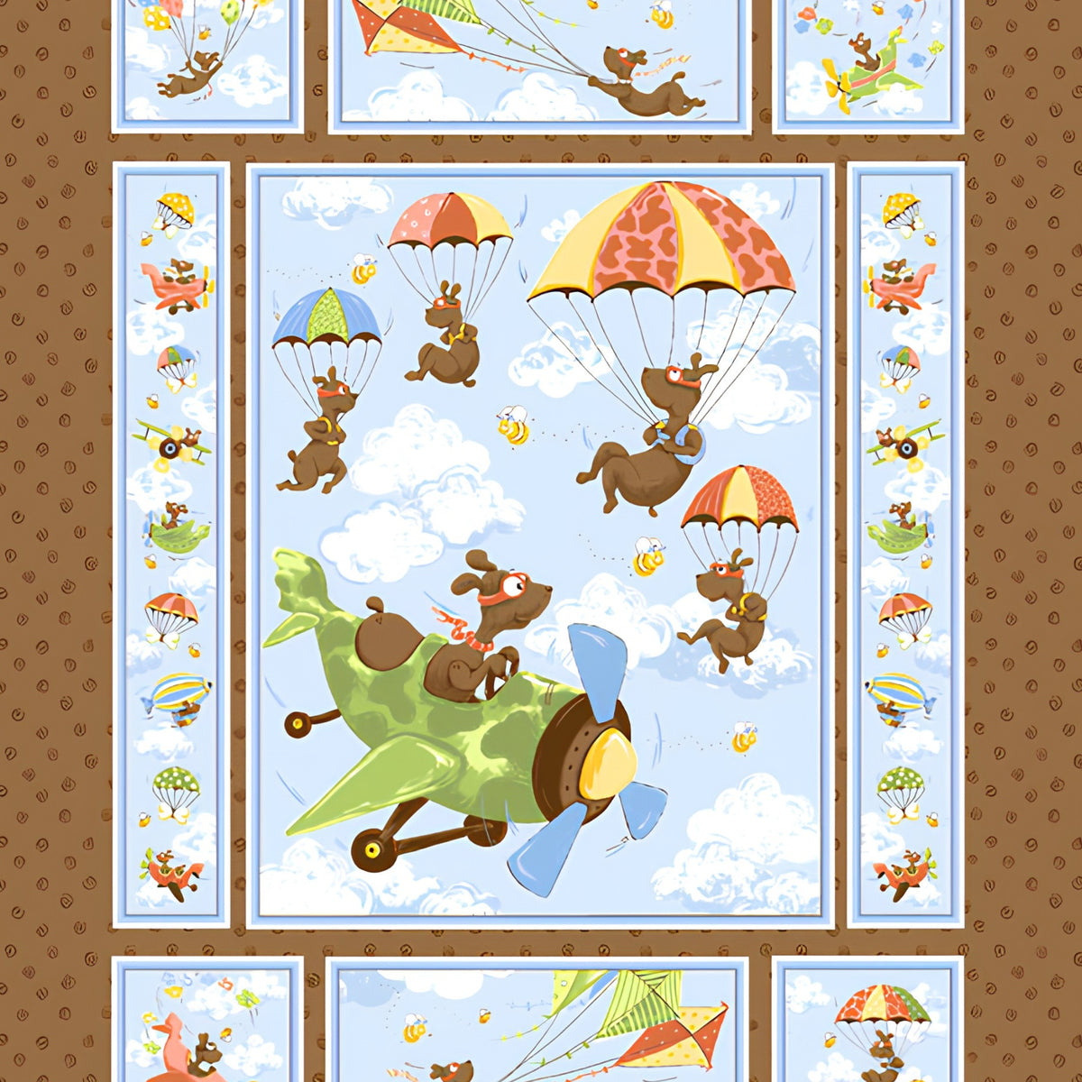 Zig flying ace dog quilt panel brown dogs parachuting planes kites novelty kids quilting fabric boys quilts nursery wall hangings