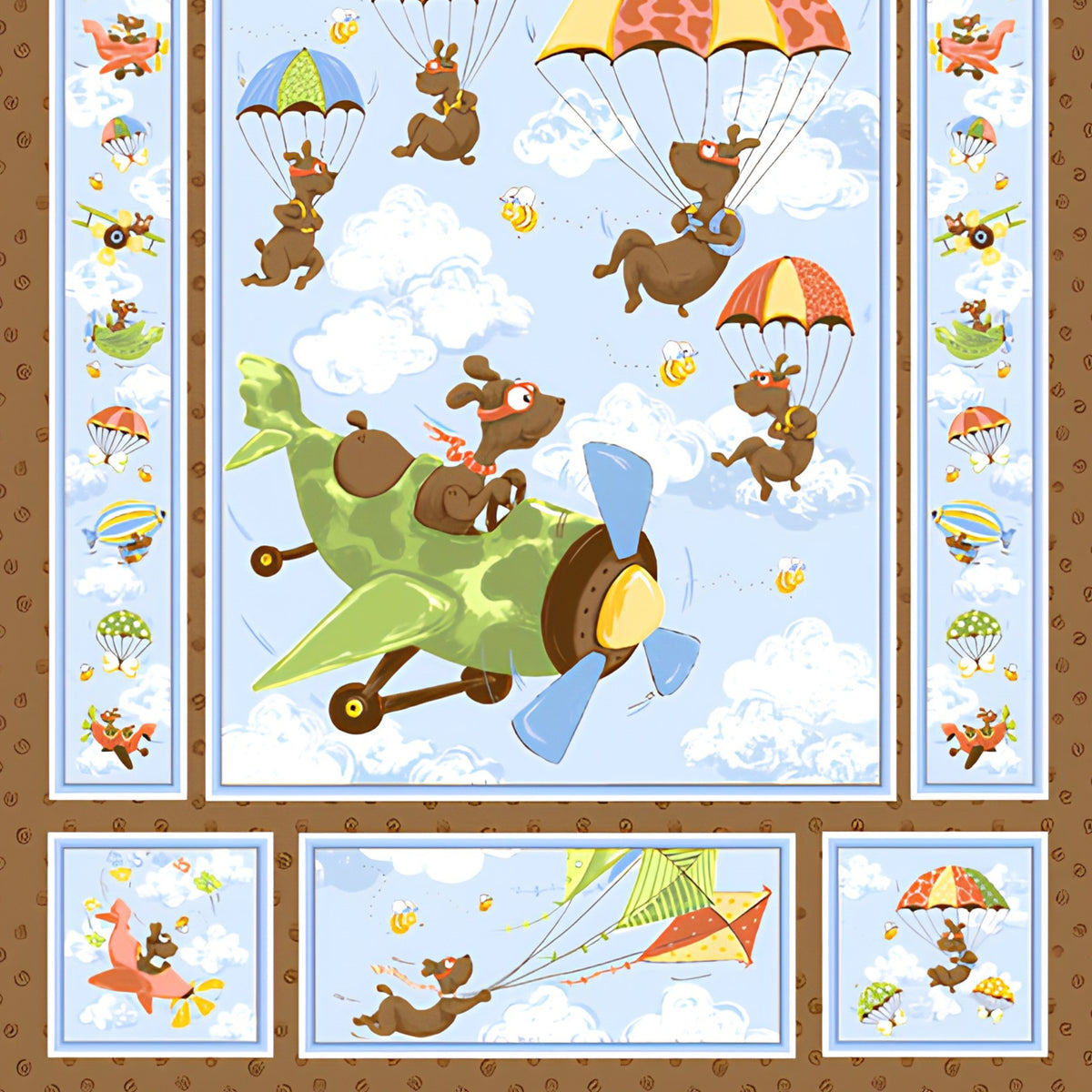 Zig flying ace dog quilt panel brown dogs parachuting planes kites novelty kids quilting fabric boys quilts nursery wall hangings