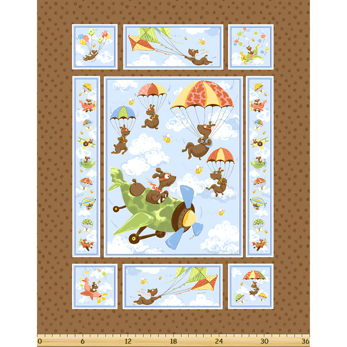 Zig flying ace dog quilt panel brown dogs parachuting planes kites novelty kids quilting fabric boys quilts nursery wall hangings