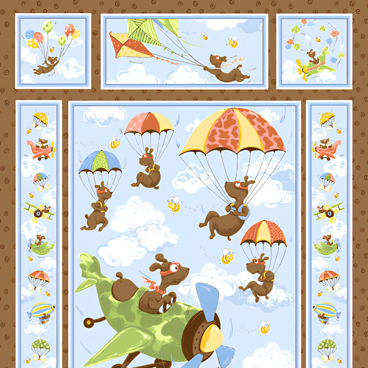 Zig flying ace dog quilt panel brown dogs parachuting planes kites novelty kids quilting fabric boys quilts nursery wall hangings