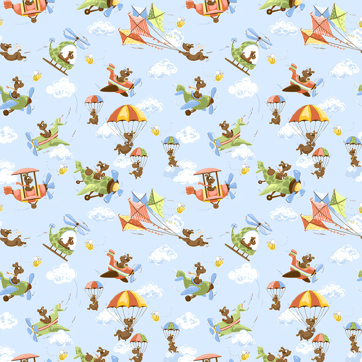Zig flying ace dog tossed blue multi dogs planes helicopters parachutes kites novelty kids quilting fabric boys quilts children's projects