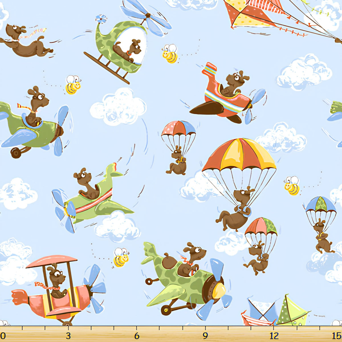 Zig flying ace dog tossed blue multi dogs planes helicopters parachutes kites novelty kids quilting fabric boys quilts children's projects
