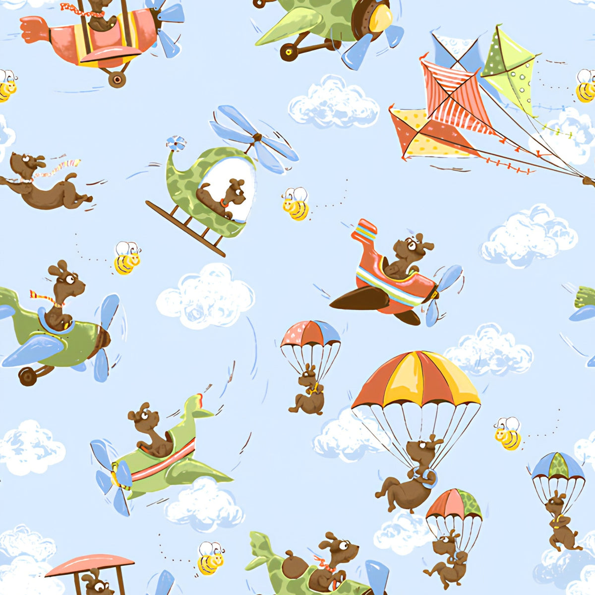 Zig flying ace dog tossed blue multi dogs planes helicopters parachutes kites novelty kids quilting fabric boys quilts children's projects