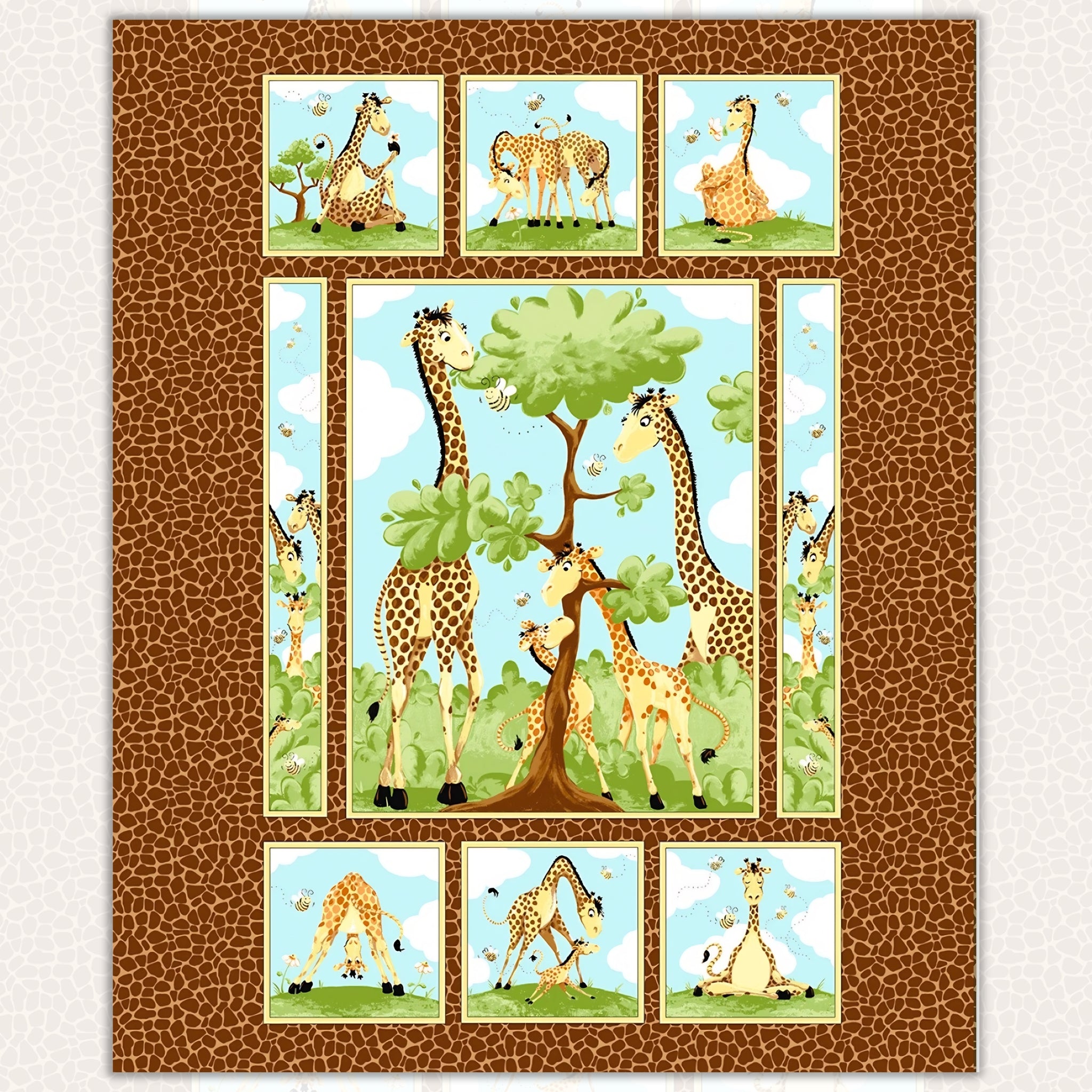 Zoe giraffe family brown novelty panel kids quilting fabric children's quilts baby nursery wall hangings