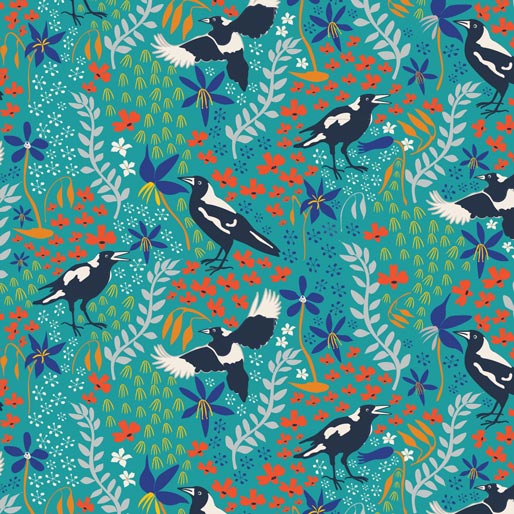 Taking Flight: Magpies on Green by Amanda Joy Designs - Three Wishes Patchwork Fabric