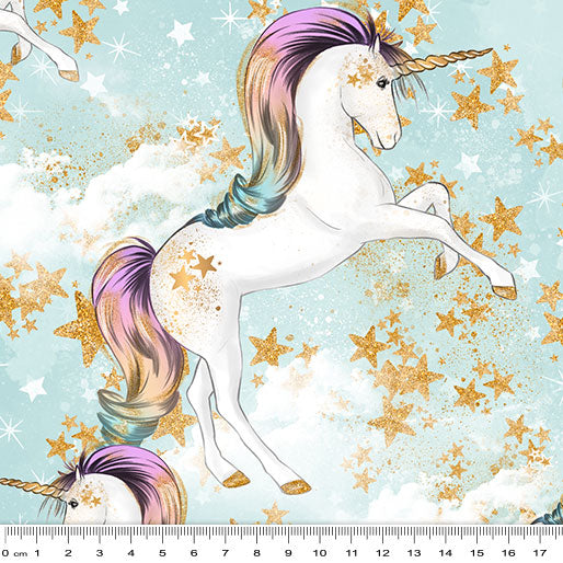 Rainbow Unicorns: Unicorns in Stardust Blue by KK Designs - Three Wishes Patchwork Fabric