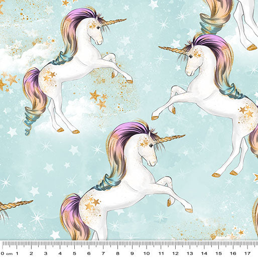 Rainbow Unicorns: Unicorns on Celestial Clouds Blue by KK Designs - Three Wishes Patchwork Fabric