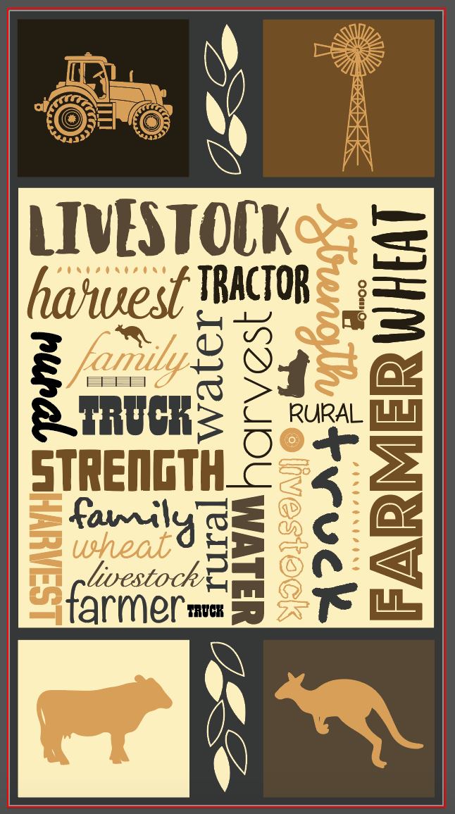 Australian farm words panel with Australiana text and outback phrases for quilting, patchwork, and sewing projects