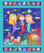 Cartoon mermaids panel bunting fish coral castle shells royal blue fabric for children's quilts wall hangings and kids projects