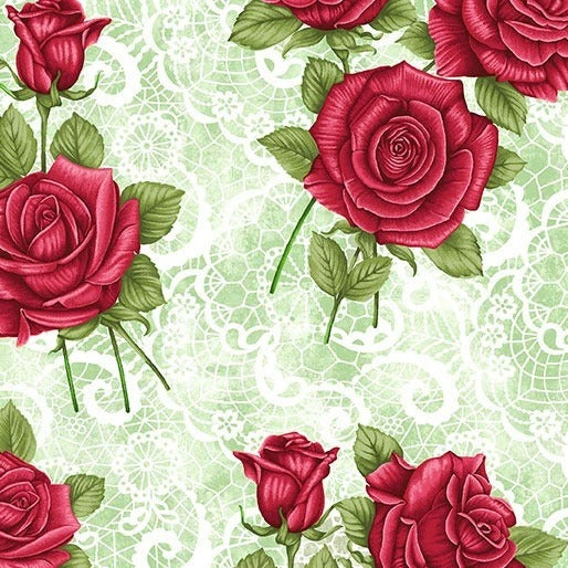 Festival of Roses on Sage Lace by Benartex