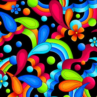 Jubilee --Flower & Geo Rainbow Black by Debi Payne --Digitally Printed - Three Wishes Patchwork Fabric