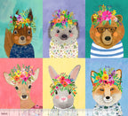 Woodland animals flower crowns squirrels hedgehogs bears deer rabbits foxes panel fabric for baby quilts and nursery décor