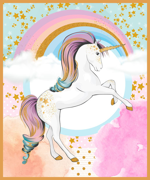 Rainbow Unicorns: Fantastical Unicorn Panel by KK Designs - Three Wishes Patchwork Fabric