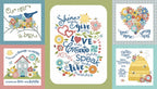Panel five blocks inspirational phrases flowers birds house beehive heart fabric for wall hangings cushions and home-themed quilts