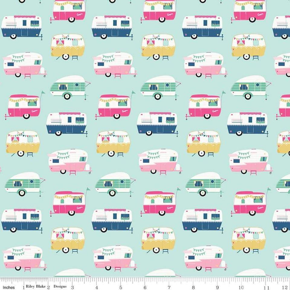 I'd Rather Be Glamping Campers Light Mint - Riley Blake - Three Wishes Patchwork Fabric