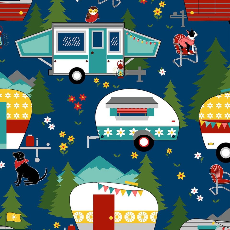 Gone Glamping Caravans Blue - Wilmington - Three Wishes Patchwork Fabric