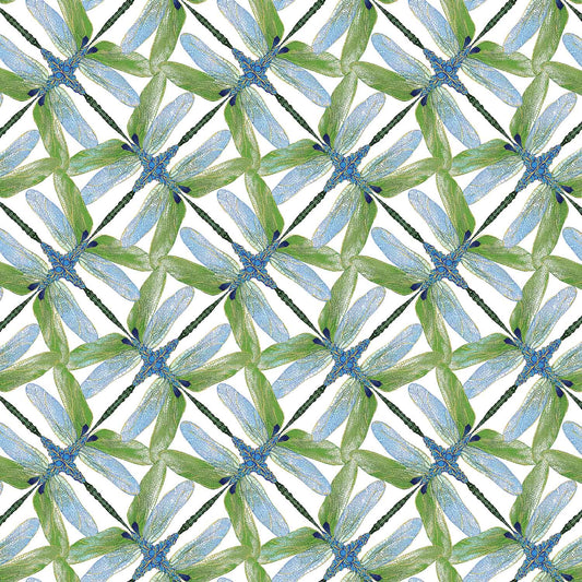 Dance Of The Dragonfly: Pinwheel Geo (White/Green) - Three Wishes Patchwork Fabric